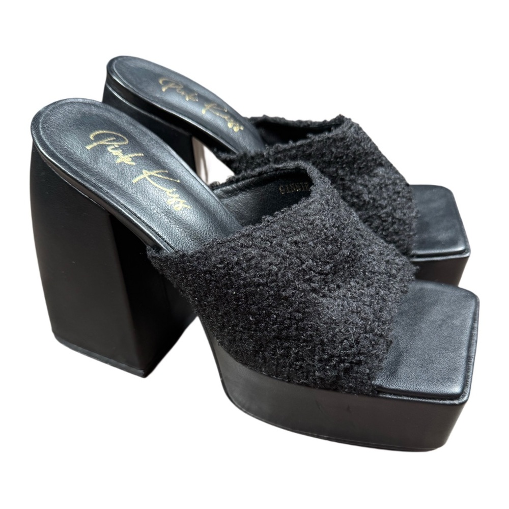 Black Platform Faux Fur Mule Slide Heels